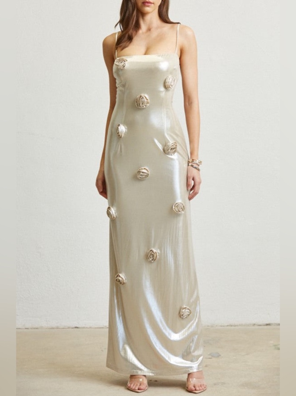 NWT Blithe LA Large Pearl Satin Maxi Slip Dress with Rosette Accents